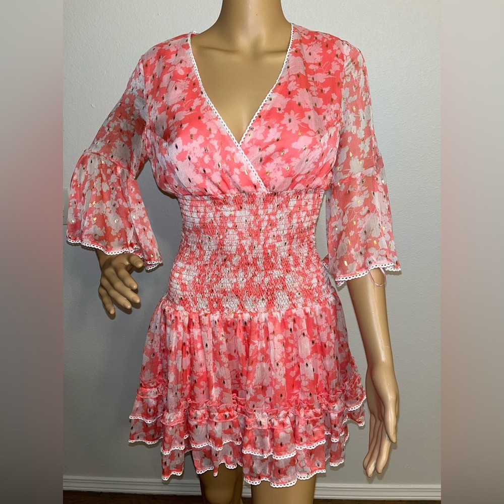 Chelsea & Violet Coral Pink Floral Smocked Mini Dress
